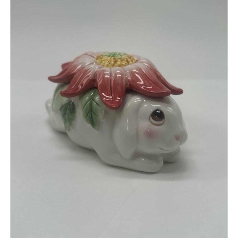 Fitz & Floyd "Bunny Blooms" Spring Easter Lidded Rabbit Trinket Box / Sugar Bowl